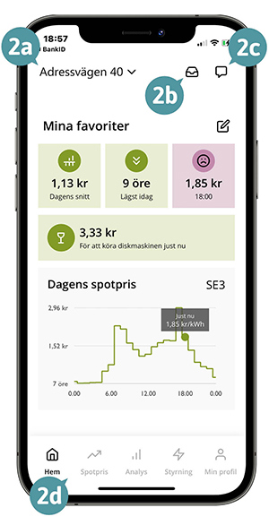 Skärmbild som visar navigeringen i appen.