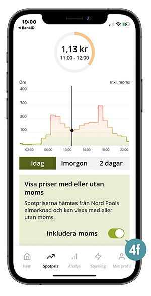 Skärmbild som visar reglaget för att visa moms i appens spotprisvy.